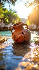 Ancient Amphora Resting In Shallow Water With Sunlight And Natural Background