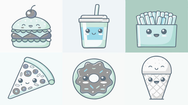 Cute Kawaii Fast Food Illustrations Burgers, Pizza, Fries, and More