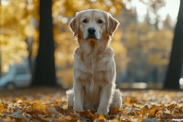Golden retriever sits calmly on autumn leaves in sunlit park, evoking warmth, companionship, and seasonal outdoor lifestyle