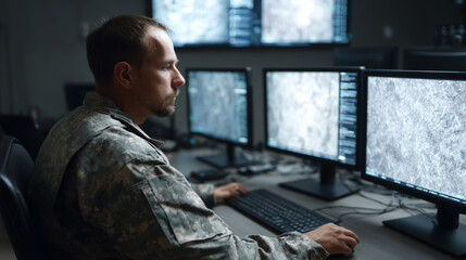 Operator controls drone bombing simulation with multiple screens in a low-light tactical environment