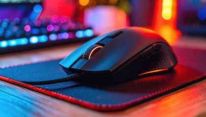 Black Wireless Gaming Mouse On Textured Desk Pad With Neon Lighting Display Modern Computer Accessory