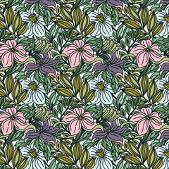 Pink purple white flowers green leaves floral pattern