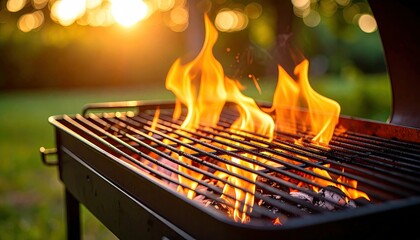 Burning Orange Flames on a Steel Grill during a Sunny Day with a Green Blurred Background