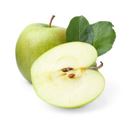 Cut, whole apples and leaves isolated on white