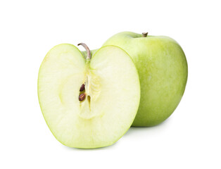 Cut and whole green apples isolated on white