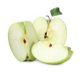 Pieces of fresh apple and leaf isolated on white