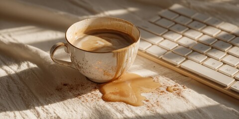 Spilled coffee and cinnamon on fabric beside keyboard in sunlit autumn home office evoke cozy remote work, morning routines, and relaxed productivity