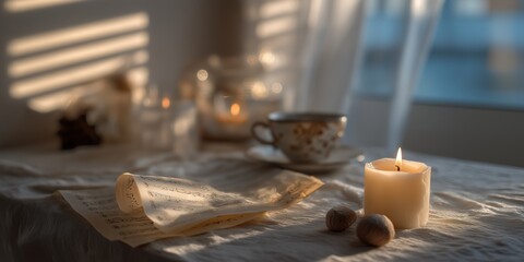 Inviting autumn workspace blends music, candlelight, and tea for creative relaxation and seasonal home inspiration