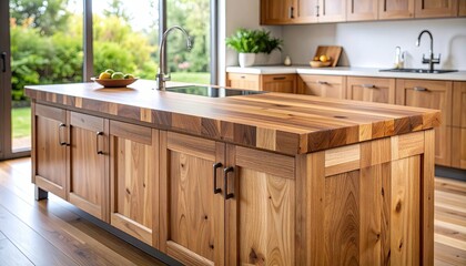 Butcher Block Kitchen Island with Visible Joints in a Modern Interior with Wooden Cabinets and Natural Lighting