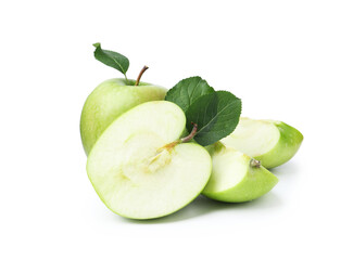 Cut, whole apples and leaves isolated on white