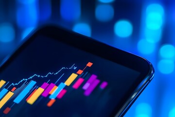 Vibrant graphs and charts emerge from smartphone screen, illustrating dynamic digital advertising performance.