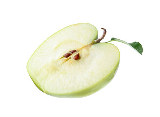 Half of fresh apple with leaf isolated on white