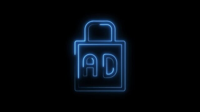 Glowing neon adblock padlock animation on black background digital security concept