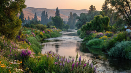 A river winds through a landscape glowing with sunset light, its surface reflecting golden hues.
The banks are lined with wildflowers, ferns, and willows; distant hills fade near a farmhouse.