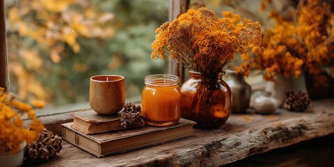 Cozy autumn-inspired still life for home decor, featuring rustic elements and natural textures, ideal for seasonal lifestyle, wellness, and interior design marketing