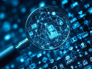 A magnifying glass reveals a blue glowing digital network of icons