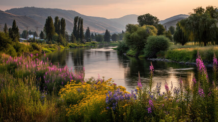 A river winds through a landscape glowing with sunset light, its surface reflecting golden hues.
The banks are lined with wildflowers, ferns, and willows; distant hills fade near a farmhouse.