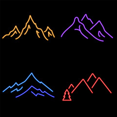 mountain neon icon group, vector illustration on black background.