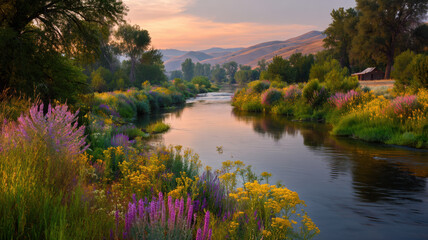 A river winds through a landscape glowing with sunset light, its surface reflecting golden hues.
The banks are lined with wildflowers, ferns, and willows; distant hills fade near a farmhouse.