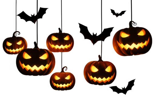 Several glowing jackolanterns and bat silhouettes hang isolated on transparent background, creating a spooky halloween atmosphere