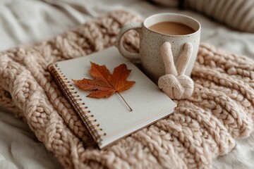 Inviting autumn workspace with coffee, peace sign decor, notebook, and leaf on textured knit blanket, evoking warmth, mindfulness, and seasonal comfort