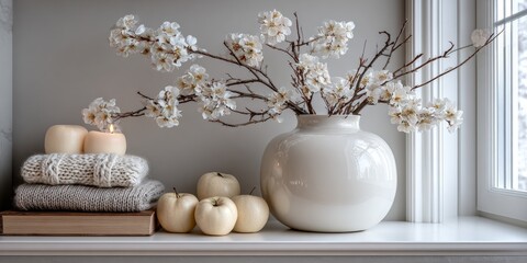 Modern minimal home interior scene with white vase of cherry blossoms, cream apples, candles, and cozy knitted accents on windowsill, evoking spring renewal and tranquil living
