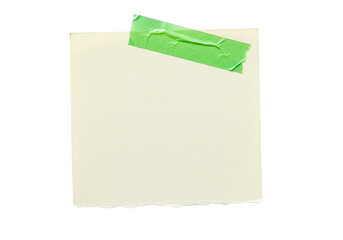 A blank piece of offwhite notepaper with a piece of green tape attached, isolated on transparent background, perfect for adding your own message