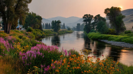 A river winds through a landscape glowing with sunset light, its surface reflecting golden hues.
The banks are lined with wildflowers, ferns, and willows; distant hills fade near a farmhouse.