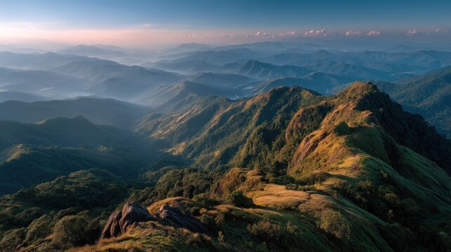 Spectacular mountain range aerial view in morning light landscape photography
