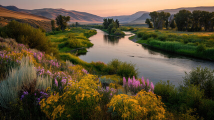 A river winds through a landscape glowing with sunset light, its surface reflecting golden hues.
The banks are lined with wildflowers, ferns, and willows; distant hills fade near a farmhouse.