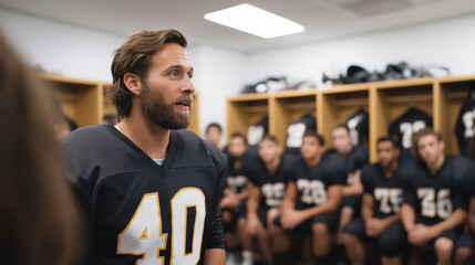 Team captain inspires players with motivational talk in locker room before big game