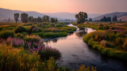 A river winds through a landscape glowing with sunset light, its surface reflecting golden hues.
The banks are lined with wildflowers, ferns, and willows; distant hills fade near a farmhouse.