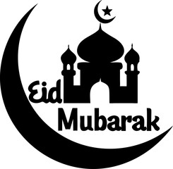 Eid Mubarak greeting card featuring vector Islamic calligraphy and mosque architecture, a symbol of travel and religion