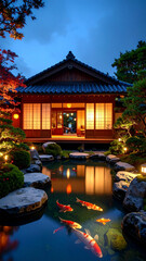 Fototapeta premium Japanese style house with pond and traditional koi fish in garden