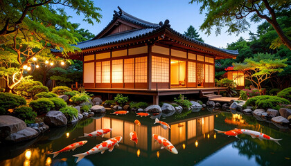 Obraz premium Japanese style house with pond and traditional koi fish in garden