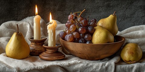 Minimalist breakfast scene featuring pears, grapes, candles, and wooden bowl, evoking calm morning ambiance and refined kitchen decor