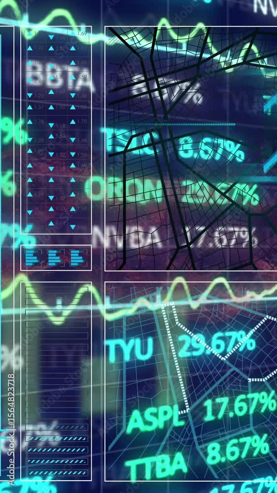 Poster animation of trading board over graph, loading circles, navigation pattern and lines