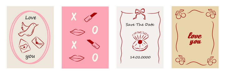 Set of vintage greeting cards for Valentine's Day in coquette style. Romantic border with ribbon frame invitation, bow in the la Dolce Vita aesthetic. Vector doodle hand drawn whimsical illustration.