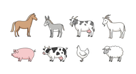 Vector farm animals illustration vector graphic featuring horse donkey cow goat pig chicken and sheep drawing style