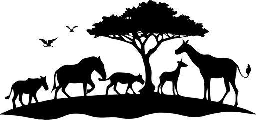 Here's a single sentence to describe the image, Vector illustration of a camel silhouette at sunset with a tree in the wild desert landscape