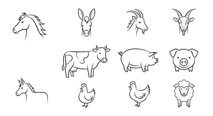 Vector farm animals vector illustration set, including horse, cow, pig, goat, sheep, donkey and chicken outline drawing