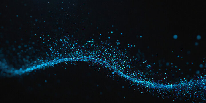 Dynamic blue particle wave on dark background, representing digital flow and technology.