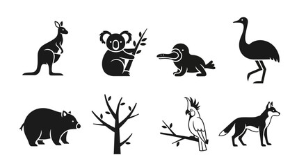 Vector australian wildlife vector icons set: kangaroo, koala, platypus, emu, wombat, tree, cockatoo, dingo icons