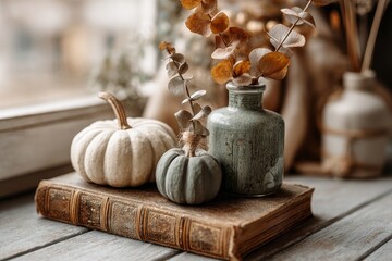 Minimalist autumn home decor scene with white and green pumpkins, dried eucalyptus in ceramic vase, styled on old book by wooden window for seasonal inspiration