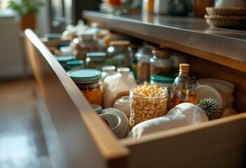 Organized Kitchen Drawer Jars Spices and Utensils in Warm Light.