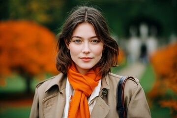 Trendy autumn fashion and lifestyle concept featuring young woman in seasonal park setting, ideal for seasonal promotions or urban outdoor campaigns