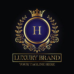 Luxurious Emblem Design with Gold Letter H and Crown on Black Background