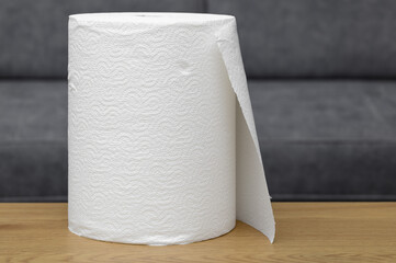 A white paper towel roll stands on the table