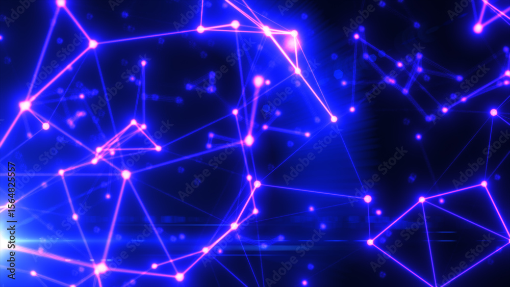 Poster glowing abstract purple-blue neural network web with dynamic light trails and digital mesh structure