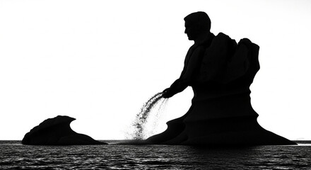 Silhouetted figure pours sand into the sea, creating a dramatic seascape under a bright sky.